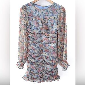 Vici Garden Floral Print Ruched Chiffon Long Sleeve Mini Dress Women’s Size XS